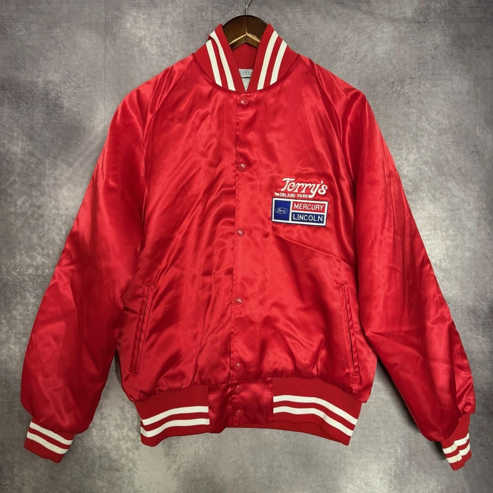 Vintage Ford Terrys Mercury Lincoln Dealer Jacket Men's Small‎ Red Satin